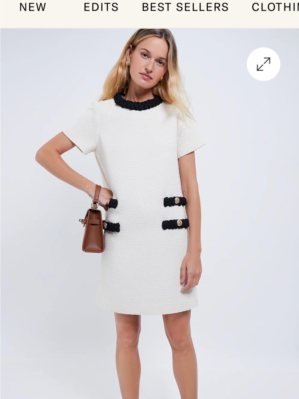 Tuckernuck Ivory Bouclé Tweed Shift Dress with Gold Button Detail - Picture 6 of 9
